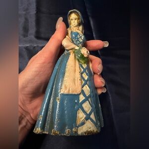 Antique Cast Iron  HEAVY DOOR STOP VICTORIAN LADY IN DRESS AND HAT  Painted Cast